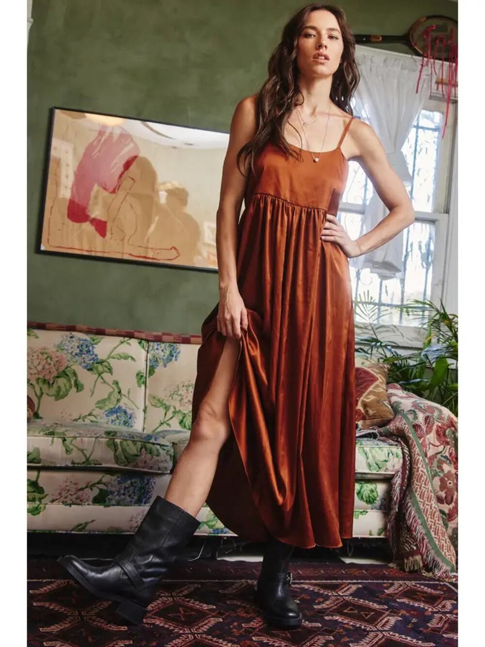 Lara Daisy Satin Tie-back Camisole Midi Slip Dress Womens Large Amber Sleeveless
